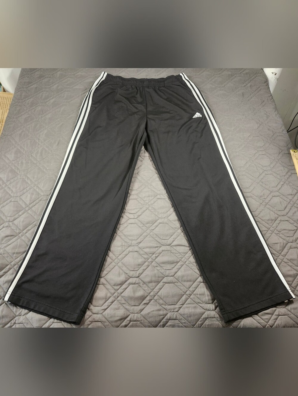 black Adidas activewear track pants white three-stripe detailing men's size XL
